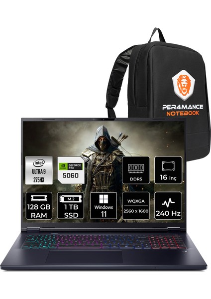 Predator Helios Neo 16 Intel Core Ultra 9 275HX 128GB 1tb SSD RTX5060/8GB 16" Qhd+ W11H Taşınabilir Bilgisayar & Per4 Çanta NHQVUEY001P417