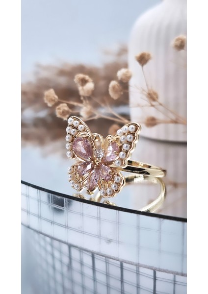 Pembe Beyaz Kelebek Çelik Kaplama Yüzük