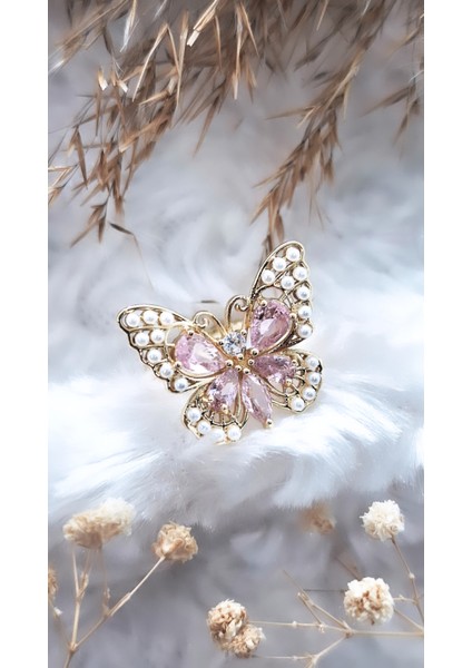 Pembe Beyaz Kelebek Çelik Kaplama Yüzük modelleri