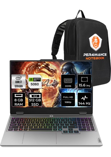 Loq Intel Core I7 13700HX 8gb 512GB SSD RTX5060/8GB 100W 15.6" Fhd 144Hz Fdos Taşınabilir Bilgisayar & Per4 Çanta 83JE00LFTRP302