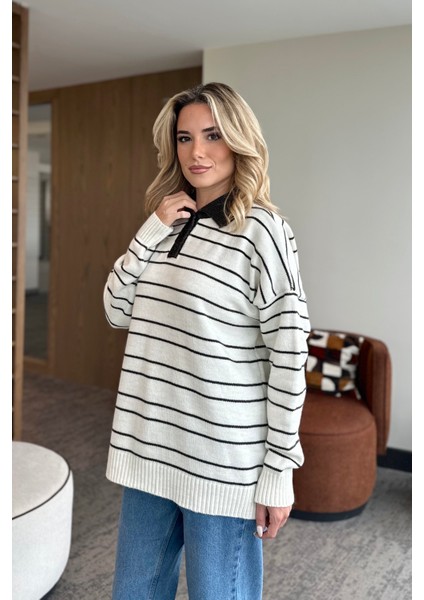 Beyaz Siyah Çizgili Kazak -1510 fiyatları