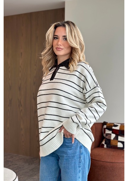 Beyaz Siyah Çizgili Kazak -1510 modelleri