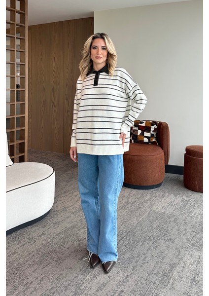 Beyaz Siyah Çizgili Kazak -1510 fırsatları