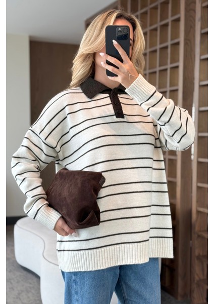 Beyaz Siyah Çizgili Kazak -1510 indirimleri