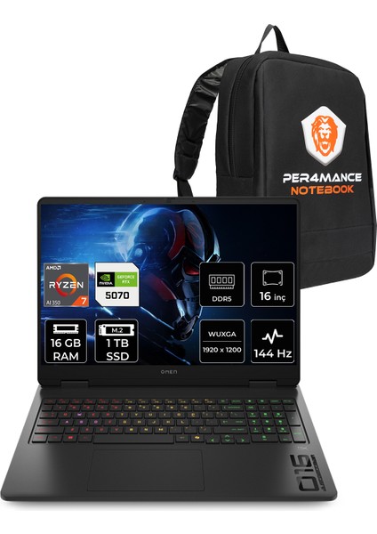 Omen 16 Amd Ryzen Aı 7 350 16GB 1tb SSD RTX5070/8GB 16" Fhd+ 144Hz Fdos Taşınabilir Bilgisayar & Per4 Çanta C52R1EAPN309