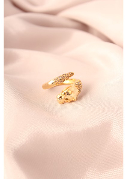 Gold Renk Metal Zirkon Taşlı Kaplan Model Ayarlanabilir Kadın Yüzük - Lisinya