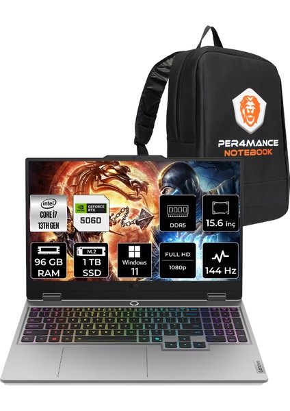 Loq Intel Core I7 13700HX 96GB 1tb SSD RTX5060/8GB 100W 15.6" Fhd 144Hz W11H Taşınabilir Bilgisayar & Per4 Çanta 83JE00LFTRP378