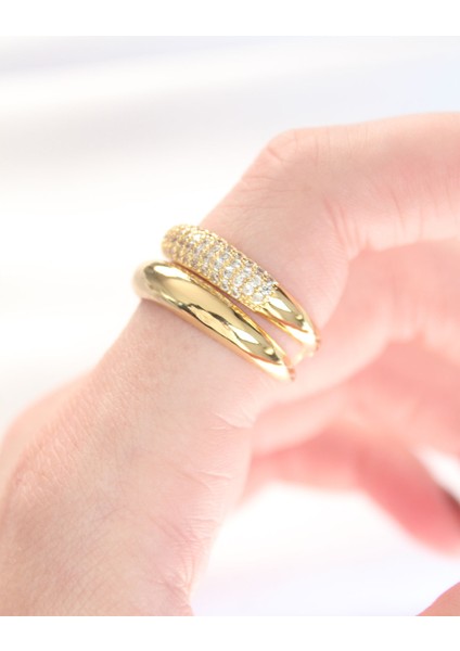 2li Görünümlü Zirkon Taşlı Gold Renk Ayarlanabilir Bombe Yüzük - Lisinya fiyatları