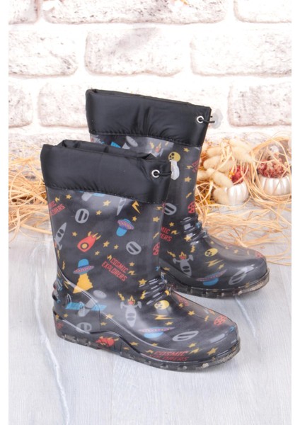 7061 Siyah Füze Içi Peluşlu Su Geçirmez Erkek Çocuk Kar Yağmur Çizmesi