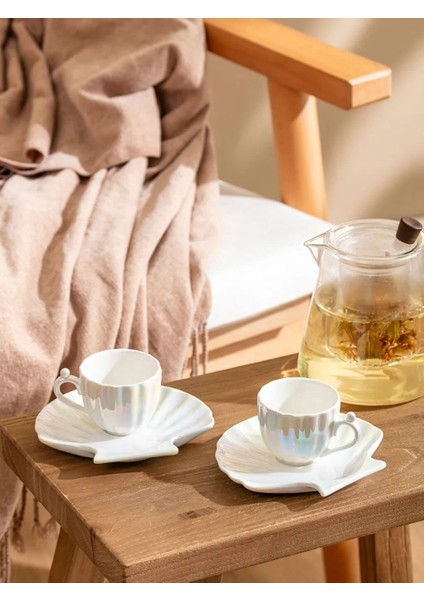 Deniz Kabuğu Figürlü 2 Kişilik Porselen Kahve Fincan Takımı 80 ml (W5)