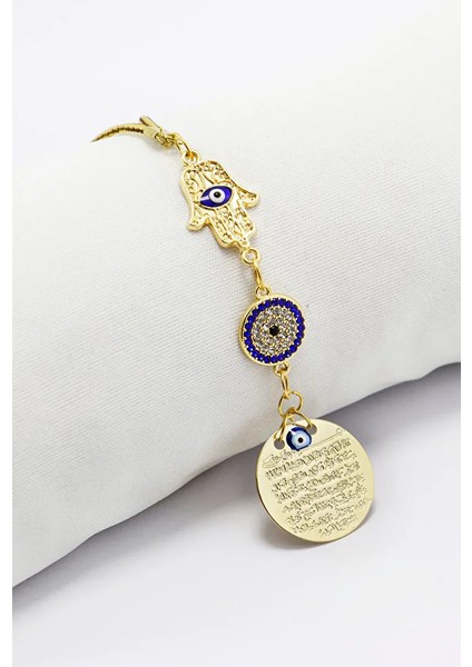 Parlak Taşlı Hamse Mineli Çiçekli Metal Ayetel Kürsi Dualı Dikiz Ayna Süsü, Yeni Araba Hediyesi