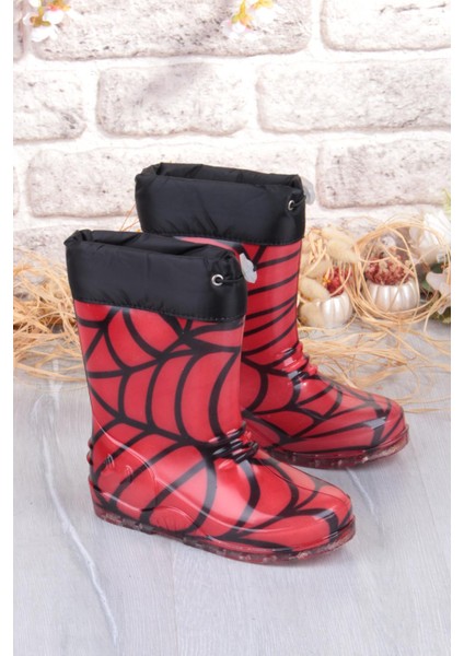 7061 Kırmızı Desenli Içi Peluşlu Su Geçirmez Erkek Çocuk Kar Yağmur Çizmesi