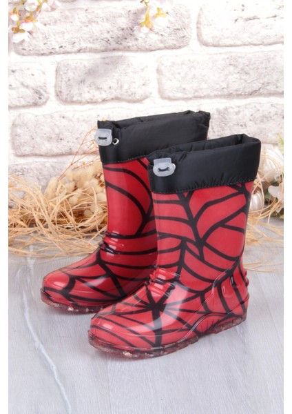 7061 Kırmızı Desenli Içi Peluşlu Su Geçirmez Erkek Çocuk Kar Yağmur Çizmesi modelleri