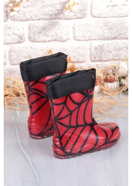7061 Kırmızı Desenli Içi Peluşlu Su Geçirmez Erkek Çocuk Kar Yağmur Çizmesi fırsatları
