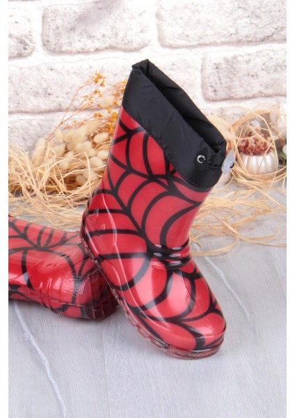 7061 Kırmızı Desenli Içi Peluşlu Su Geçirmez Erkek Çocuk Kar Yağmur Çizmesi indirimleri