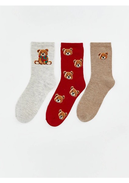 Ayı Teddy Baskılı Kadın Soket Çorap 3'lü (W5)