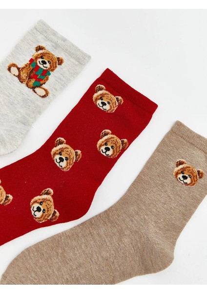 Ayı Teddy Baskılı Kadın Soket Çorap 3'lü (W5) fiyatları
