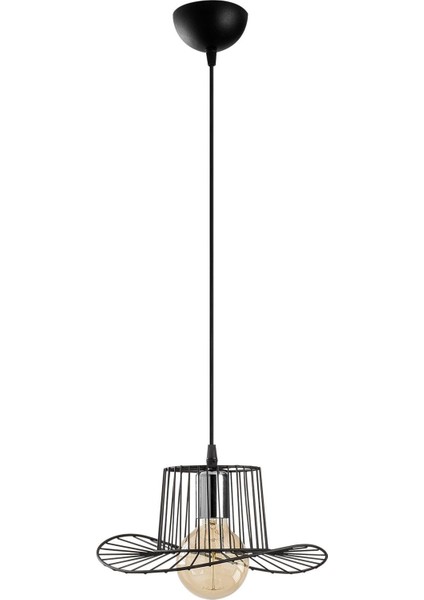 Fötr Şapka Model Tekli Tel Sarkıt Avize Siyah, Dekoratif Metal Lamba FOTRTEL-S-6746