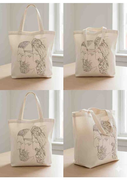 El Boyaması Mitolojik Bez Çanta – Zeus Athena Poseidon Tasarımlı Kanvas Tote Bag | Antik Yunan Sanatı Temalı El Yapımı Çanta