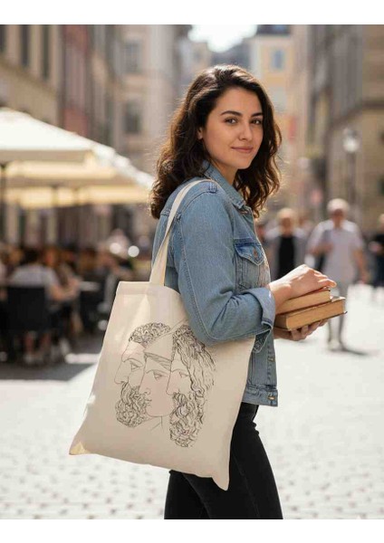 El Boyaması Mitolojik Bez Çanta – Zeus Athena Poseidon Tasarımlı Kanvas Tote Bag | Antik Yunan Sanatı Temalı El Yapımı Çanta modelleri