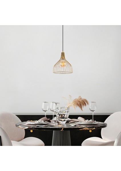 Cafu Tekli Tel Sarkıt Avize Parlak Gold, Modern Dekoratif Metal Lamba CAFU-11566