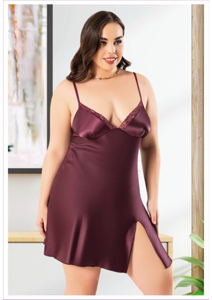 Miss Laris 4048 Mor Büyük Beden Dantelli Ip Askılı Sexy Saten Gecelik