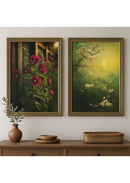 Bloom Serenity – Doğa ve Çiçek Temalı 2’li Dekoratif Duvar Tablo Seti (Çerçeveli)