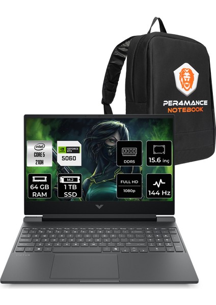 Victus 15 Intel Core 5 210H 64GB 1tb SSD RTX5060/8GB 15.6" Fhd 144Hz Fdos Taşınabilir Bilgisayar & Per4 Çanta BV7V7EAPN339