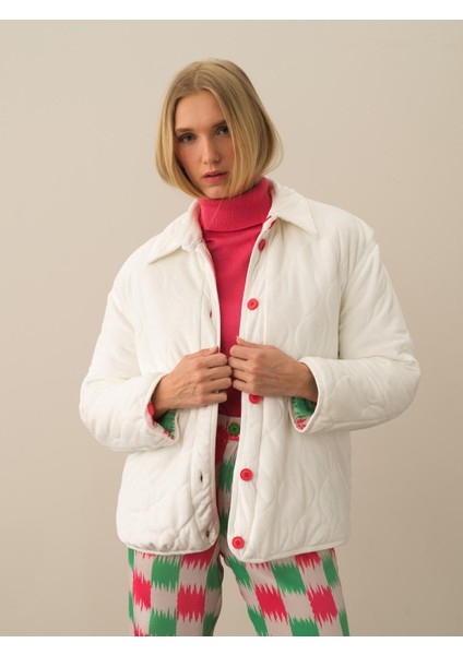 Kadın Kırık Beyaz Esnek Dokulu Oversize Mont