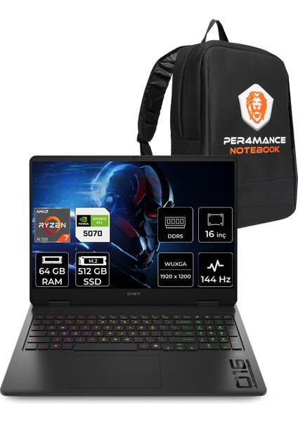 Omen 16 Amd Ryzen Aı 7 350 64GB 1tb SSD RTX5070/8GB 16" Fhd+ 144Hz Fdos Taşınabilir Bilgisayar & Per4 Çanta C52R1EAPN339
