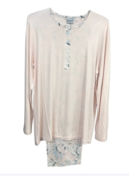 Bayan Uzun Kollu Yuvarlak Yaka Patlı % 100 Pamuk Viskon Pijama TAKIMI-14946