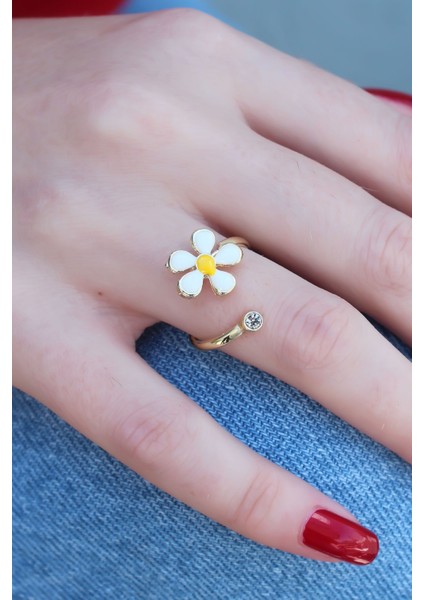 Gold Renk Papatya Model Zirkon Taş Detay Kadın Yüzük - Lisinya