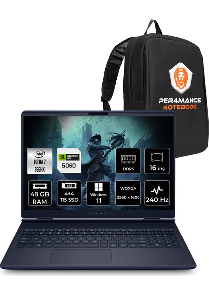 Alienware 16X Aurora Intel Core Ultra 7 255HX 48GB 4tb+4tb SSD RTX5060/8GB 16" Qhd+ W11H Taşınabilir Bilgisayar & Per4 Çanta AC16251CU732156WP396