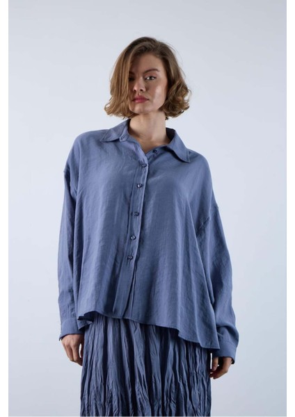 Kadın Indigo Mavi Oversize Gömlek | Düşük Omuzlu Cep Detaylı | Rahat Kalıp fiyatları
