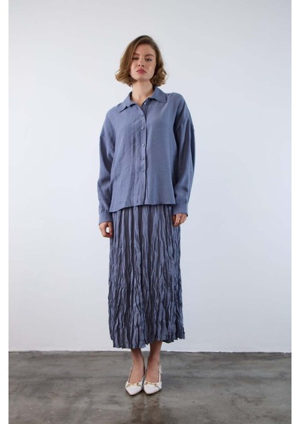 Kadın Indigo Mavi Oversize Gömlek | Düşük Omuzlu Cep Detaylı | Rahat Kalıp modelleri