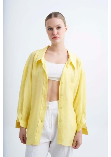 Kadın Sarı Oversize Gömlek | Düşük Omuzlu Cep Detaylı | Rahat Kalıp
