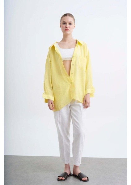 Kadın Sarı Oversize Gömlek | Düşük Omuzlu Cep Detaylı | Rahat Kalıp fiyatları