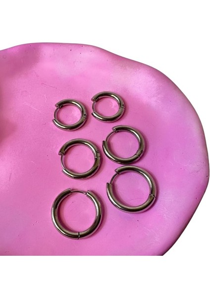 5601 6’lı Gümüş Renk Paslanmaz Çelik Halka 3 Boy Küpe Seti