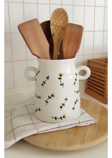 Çiçek Desenli Kulplu Kaşıklık & Vazo