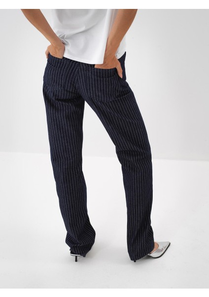 Kadın Lacivert Pamuk Dokulu Oversize Pantolon