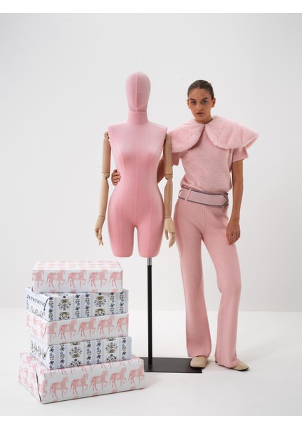 Kadın Pembe Doğal Yün Dokulu Regular Fit Pantolon