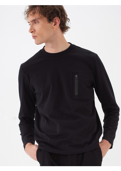 Erkek Siyah Pamuk Dokulu Regular Fit Uzun Kollu Tişört