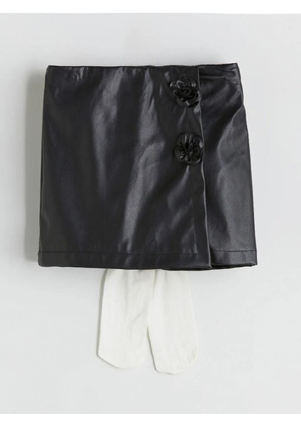 Deri Görünümlü Kız Çocuk Şort Etek ve Külotlu Çorap (W5)