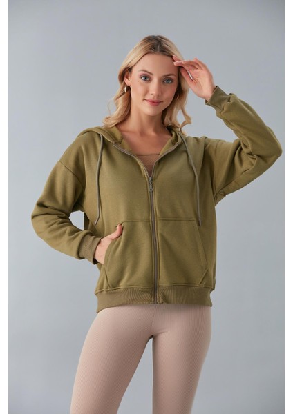 SOR10282 - Üç Iplik Kanguru Cepli Oversize Sweatshirt Haki indirimleri