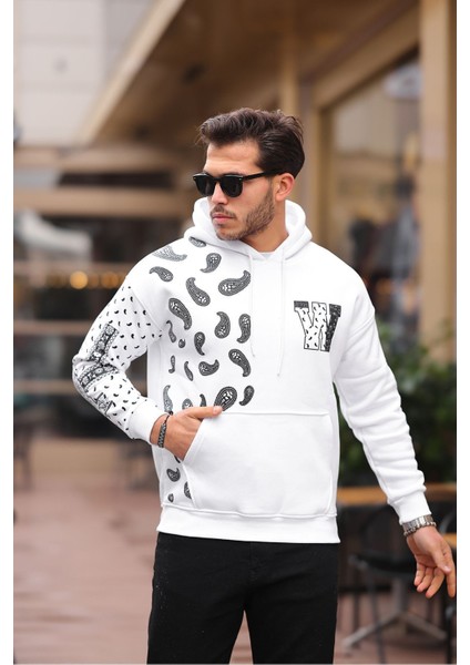 Kol Baskılı Kapüşonlu Sweatshirt