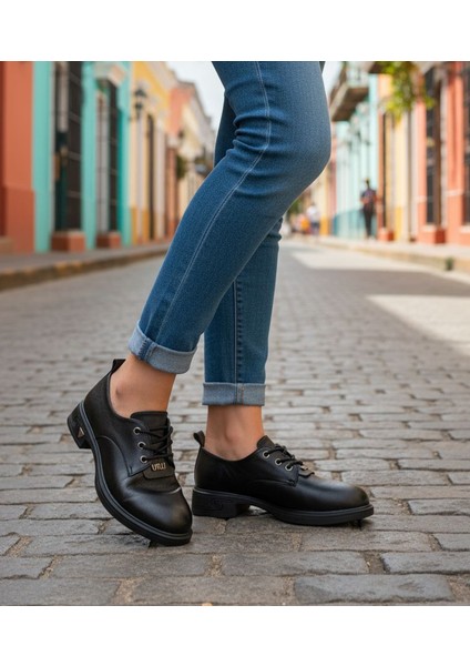 T6095 Bağcıklı Oxford Tarz Günlük Siyah Kadın Ayakkabı