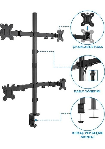 PM-054 13-27'' Dörtlü (Quad) Mekanik Lcd-Led Monitör Tutucu Masa Stand Askı Aparatı modelleri