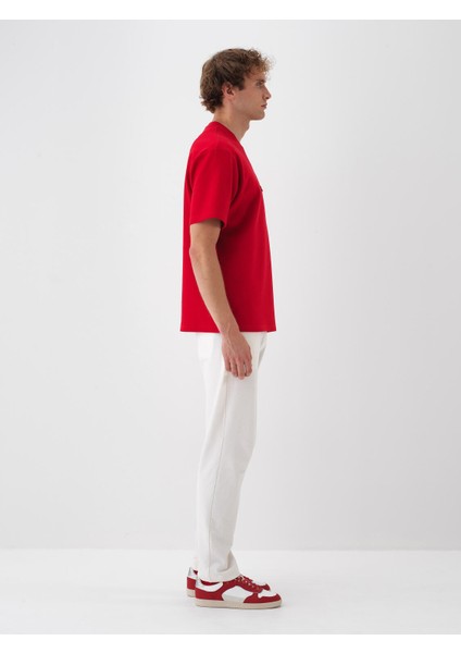 Erkek Kırmızı Pamuk Dokulu Oversize Tişört