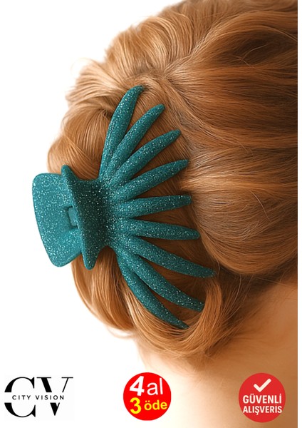 Simli Ahtapot Model Su Yeşili Rengi Mandal Saç Tokası 12 cm Büyük Boy