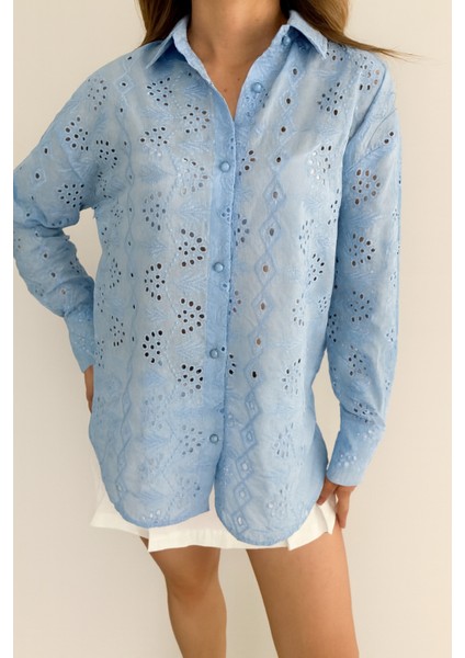 Kadın Bebe Mavisi Fisto Desenli Pamuk Gömlek | Günlük ve Ofis Kombini